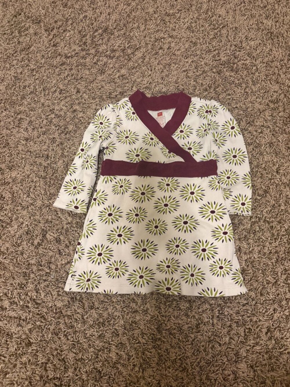 Tea Collection Floral Dress 18-24 Months White Green Maroon Trim Long Sleeve